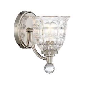 Birone 6 in. W x 8.5 in. H 1-Light Polished Nickel Wall Sconce with Clear Crystal Glass Shade