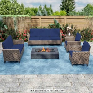 5-Piece Outdoor Patio Wicker Conversation Set with Blue Cushions, Seats 7