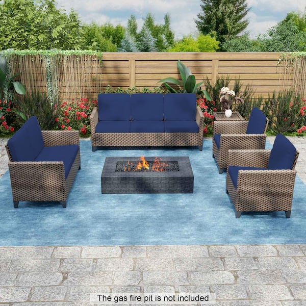 INMITOM 5-Piece Outdoor Patio Wicker Conversation Set with Blue Cushions, Seats 7