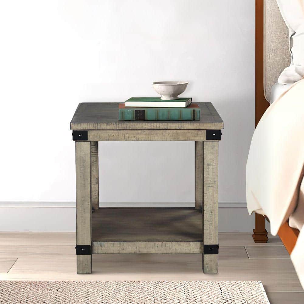 Gray Farmhouse Crossbuck End Table with Open Shelf