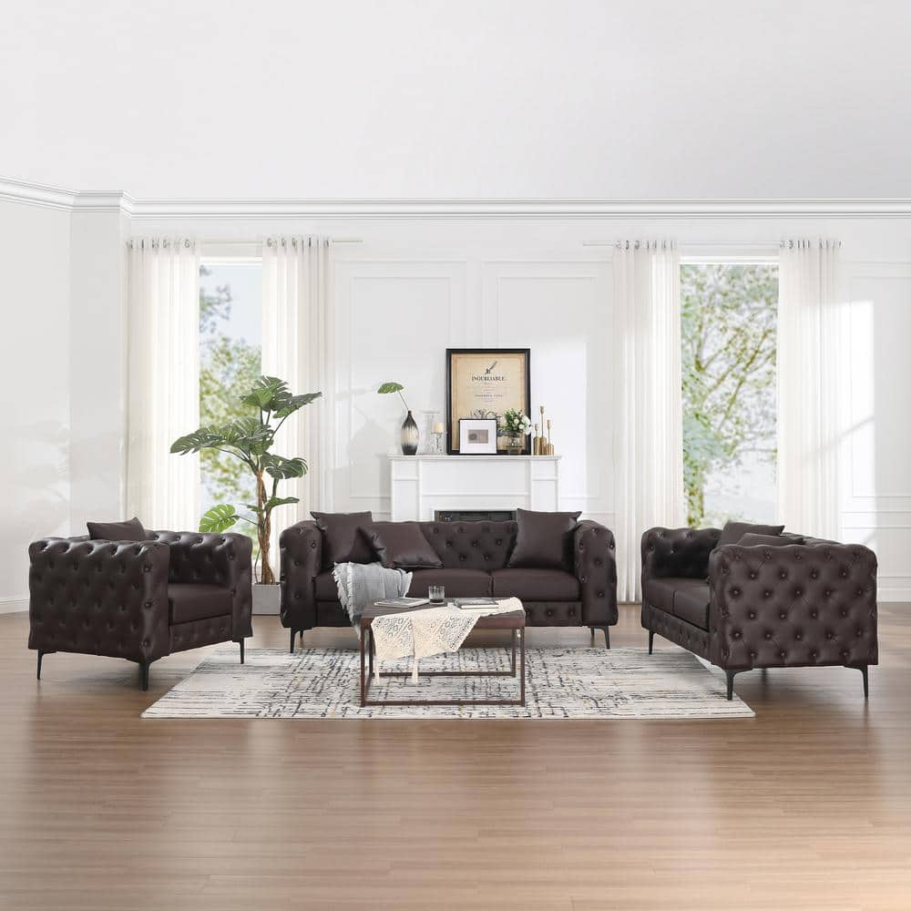 Modern 3-Piece Chocolate Faux Leather Sofa Loveseat and Chair Living Room Set With Button Tufted and Pillow