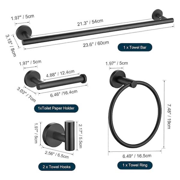 5-Piece Bath Hardware Set Accessories with Towel Bar Towel Hook Toilet Paper Holder and Towel Ring in Matte Black