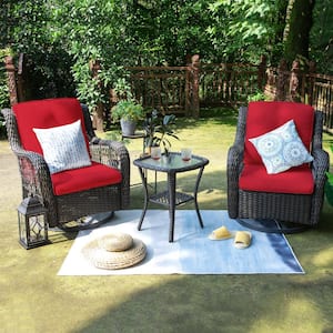 3-Piece Outdoor Brown Wicker Patio Conversation Set with Red Cushions, Swivel Rocking Chairs and Glass Top Table