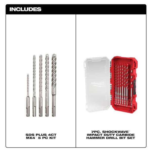 4-Cutter SDS-PLUS Carbide Hammer Drill Bit Kit with SHOCKWAVE Carbide Hammer Drill Bit Kit (12-Piece)