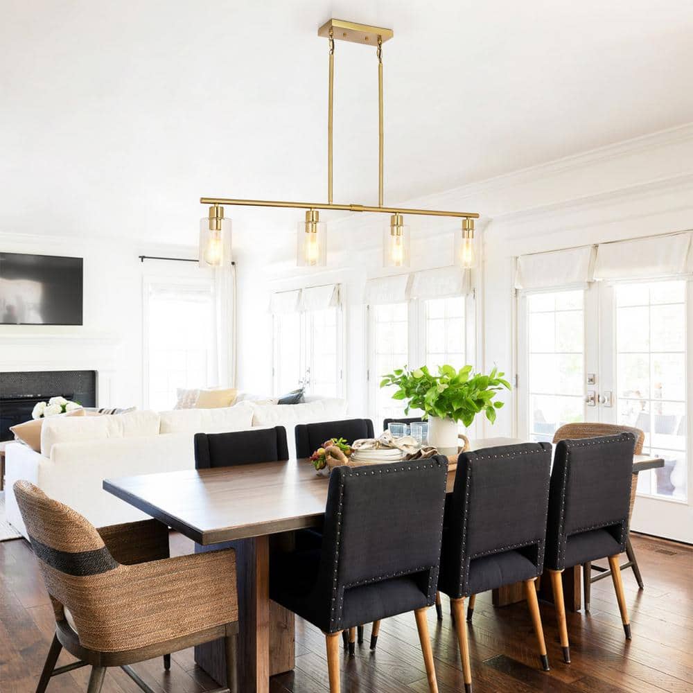Golden Linear Metal Chandelier with Clear Glass Shades