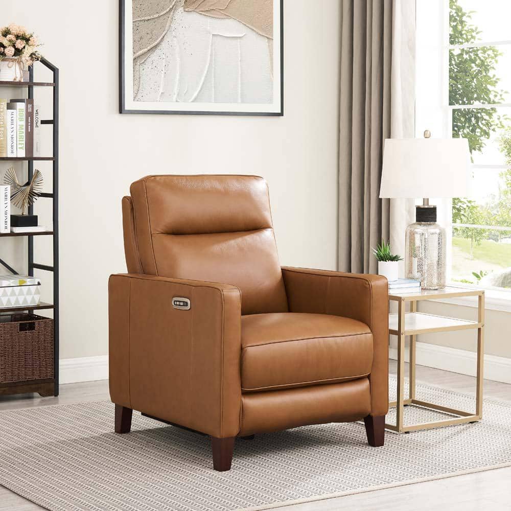 Cognac Genuine Leather Zero Gravity Recliner with Wood Frame