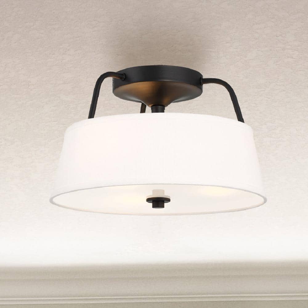 Heatherwood 14 in. 3-Light Matte Black Semi-Flush Mount with Fabric Drum Shade and Glass Diffuser price history on PriceWatchPro