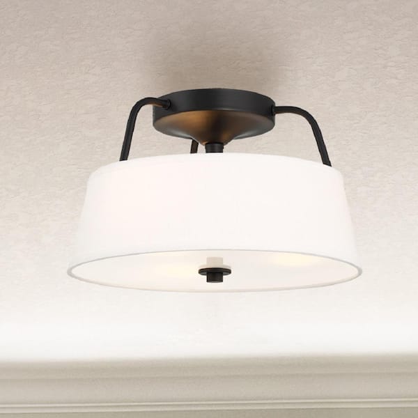 Heatherwood 14 in. 3-Light Matte Black Semi-Flush Mount with Fabric Drum Shade and Glass Diffuser