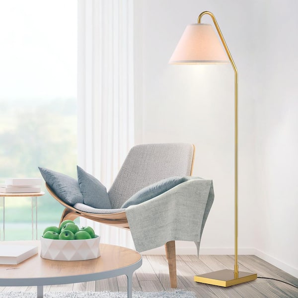 62 in. Matte Brass Standard Floor Lamp with Beige Fabric Cone Shade