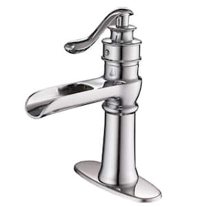 Waterfall Single Hole Single-Handle Low-Arc Bathroom Faucet With Supply Line in Polished Chrome