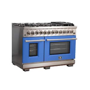 Capriasca 48 in. 6.58 cu ft Double Oven Dual Fuel Range with Gas Stove and Electric Oven in. Stainless Steel w Blue Door