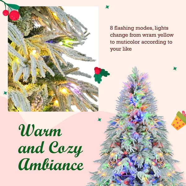 Leheyhey Prelit Christmas Tree 7ft, Artificial Flocked Christmas Tree With 400 Warm White & Multicolor Lights, 2086 PE PVC Tips, LED Frosted Xmas Tree With Snow, 9 Color Modes, Hinges, Home