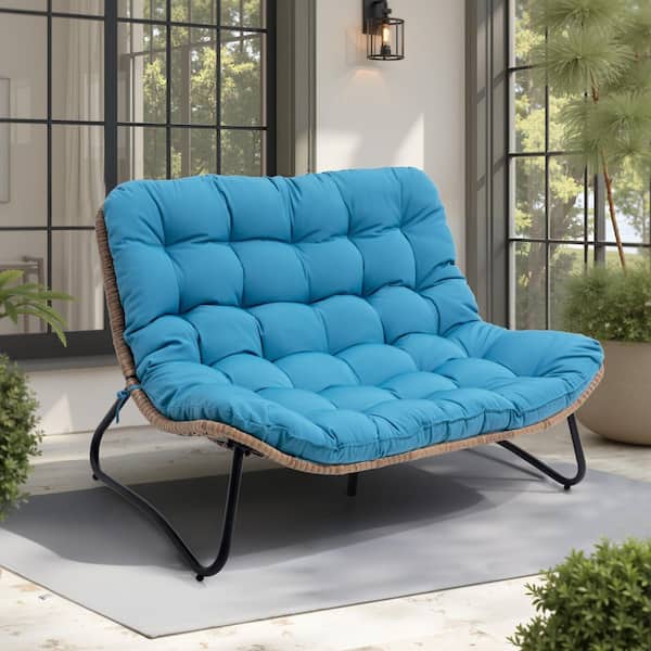 53 x 35 x 30 in. Metal Outdoor Double Papasan Chair Loveseat with Blue Cushion