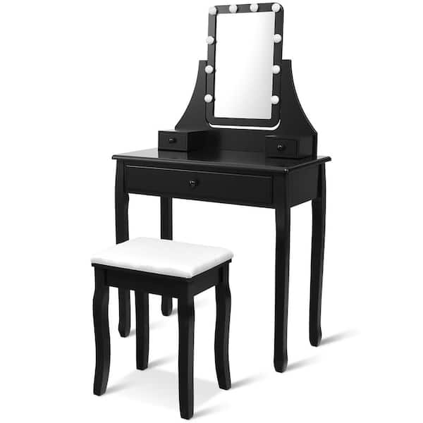 Costway 2-Piece Black Makeup Vanity Set 10 Dimmable Bulbs Makeup Dressing Desk