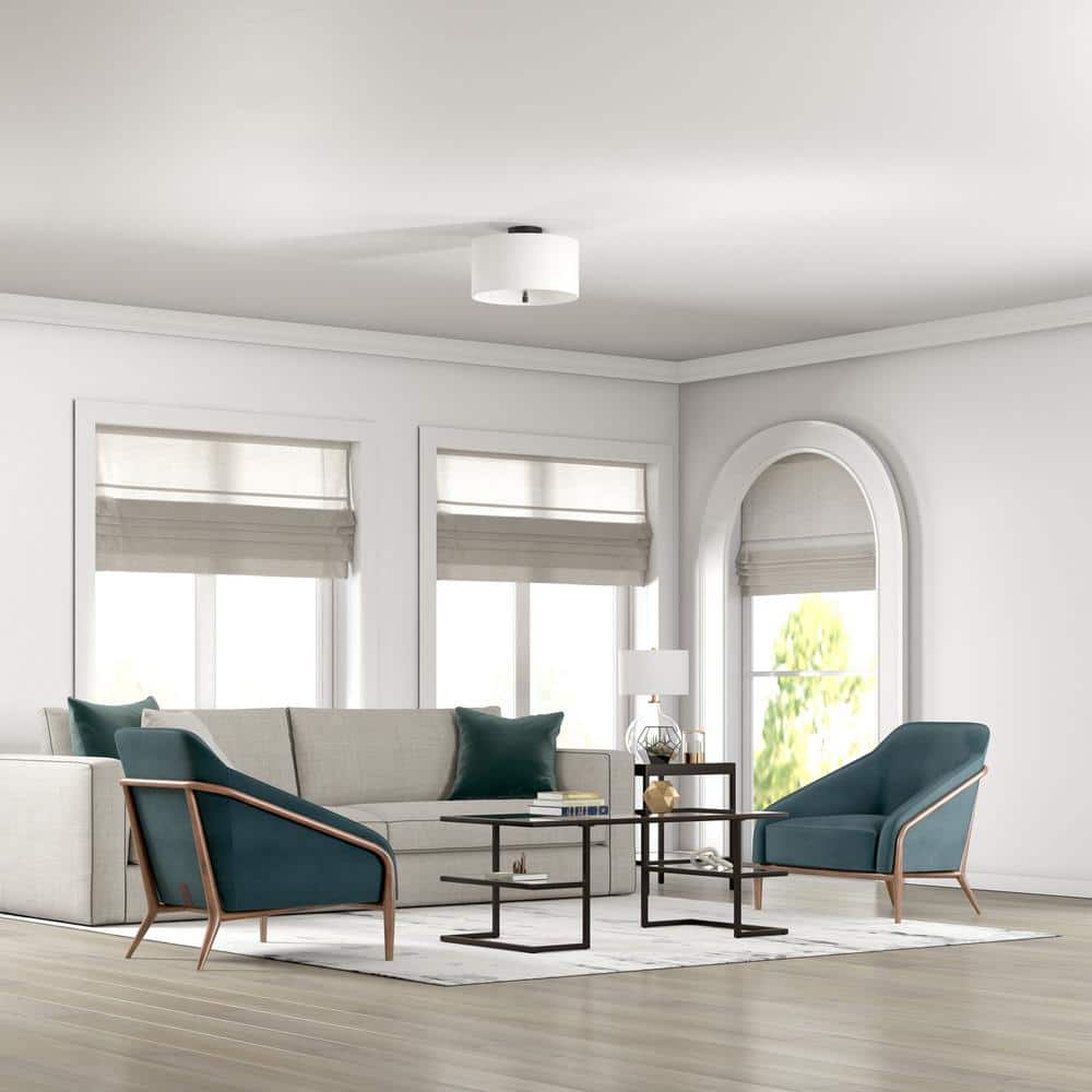Ellis 16" Matte Black Modern Drum Flush Mount with Linen Shade