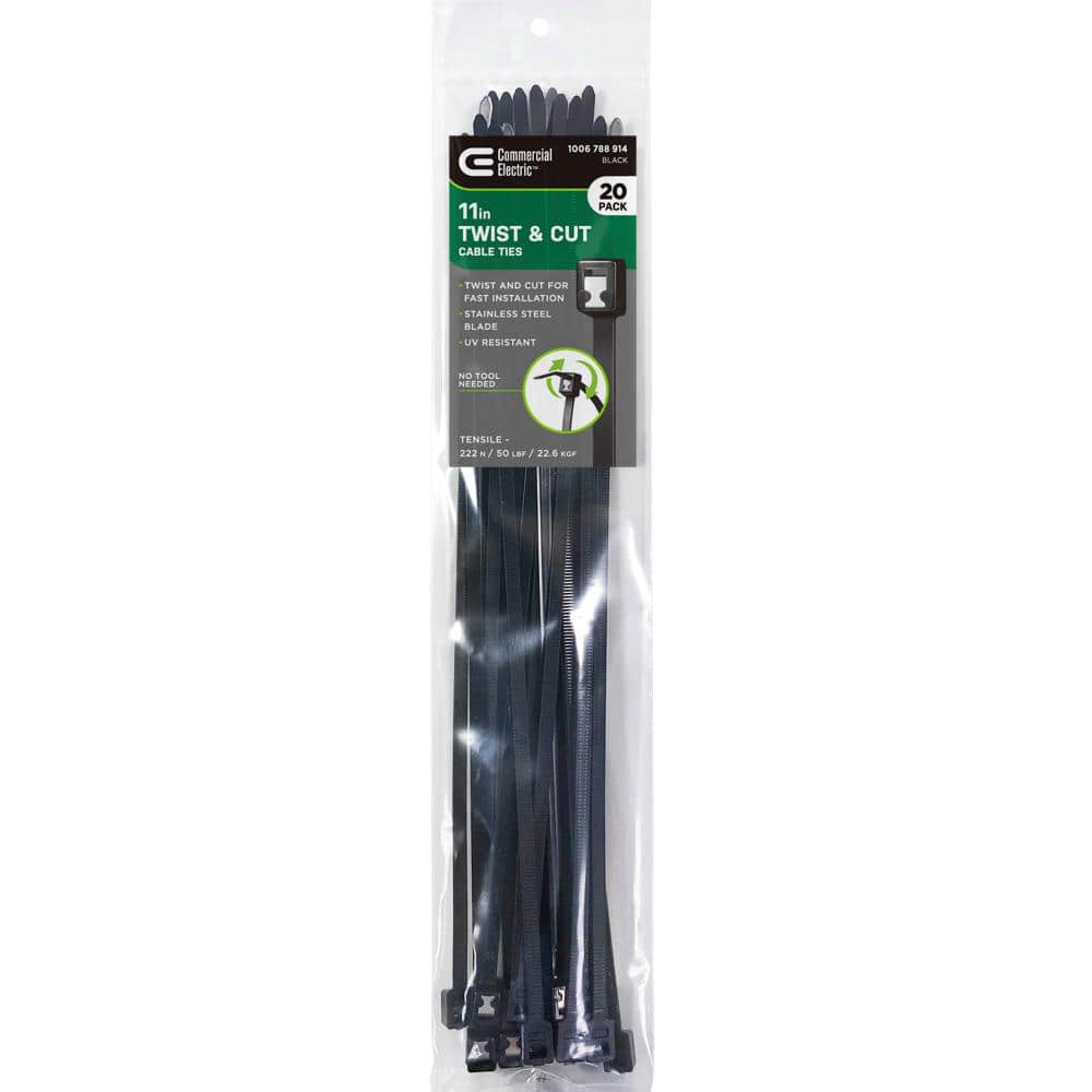 11in Twist and Cut UL Listed UV Resistant  Cable Zip Ties 20 Pack UV (Black