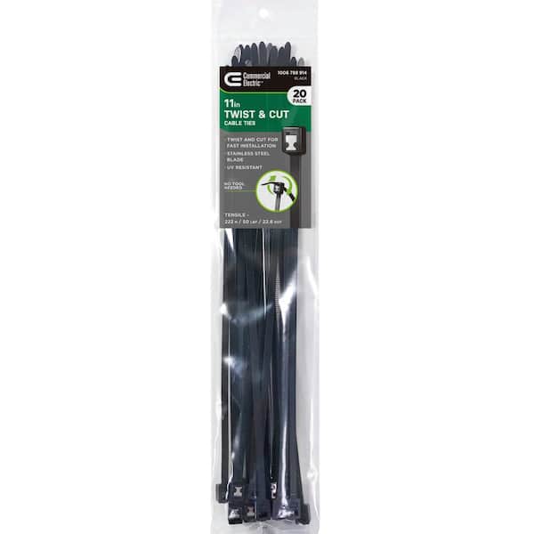 Commercial Electric 11in Twist and Cut UL Listed UV Resistant  Cable Zip Ties 20 Pack UV (Black)