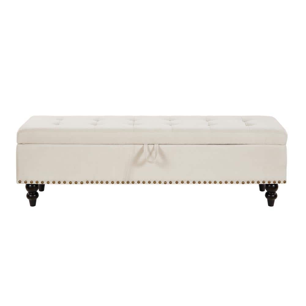 59 in. W x 17.32 in. D x 18 in. H Beige Cotton Linen Cabinet with Bed Bench