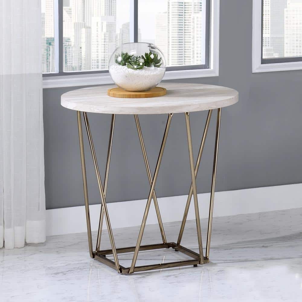 Champagne Gold and White Oval Coffee Table with Faux Marble Top