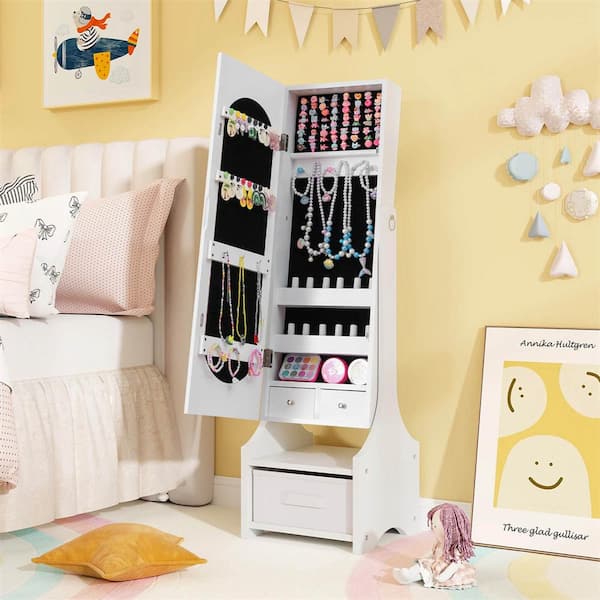 Costway White Wood 12.5 in. Kids Jewelry Cabinet with Full-Length Mirror Drawer 2-Adjustable Tilt Angles