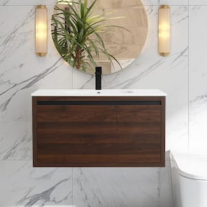 36 in. W x 18 in. D x 20 in. H Floating Bath Vanity in California Walnut with White Gel Sink and Top, Soft Closing Hinge