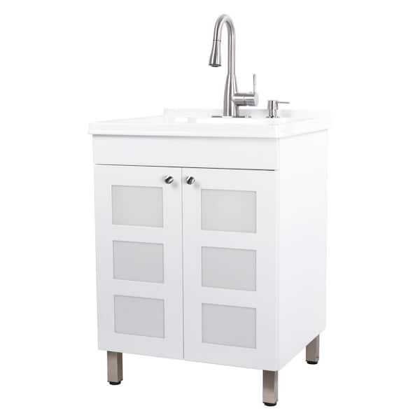 TEHILA 24.5 in. x 21.5 in. x 34 in. White Utility Sink Cabinet with Metal Hybrid Stainless Steel Faucet and Soap Dispenser