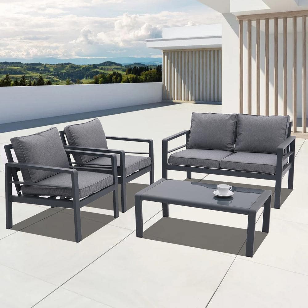 4-piece Aluminum Outdoor Patio Conversation Set with Tempered Glass Coffee 