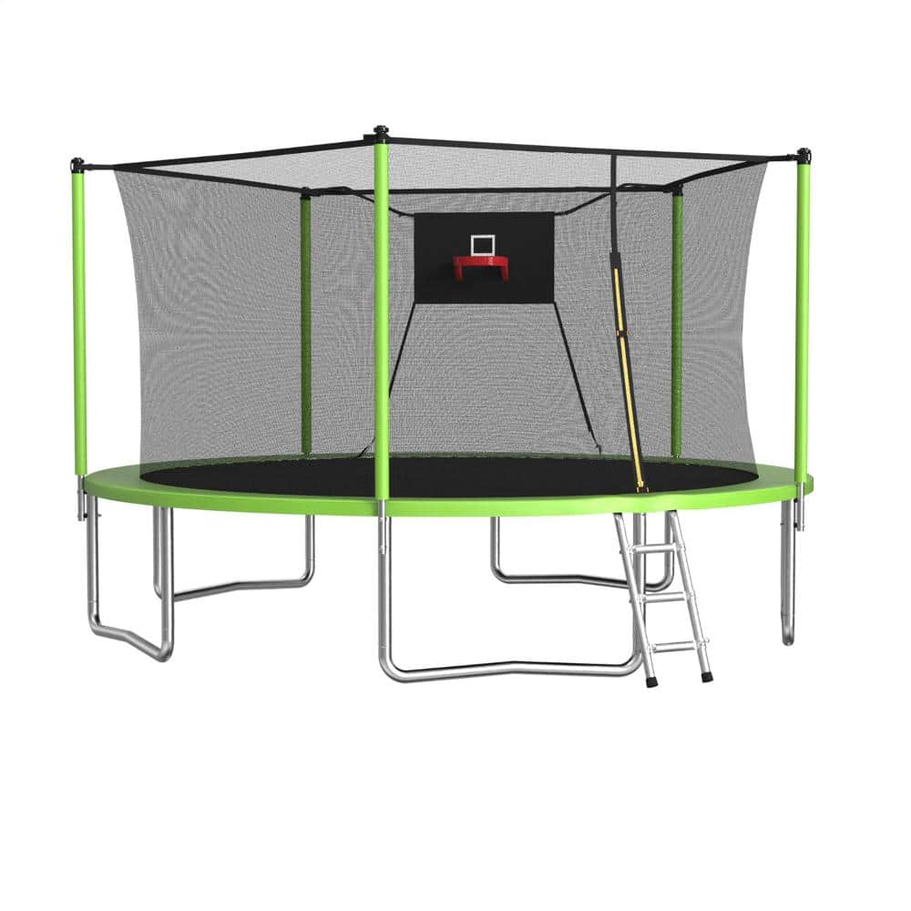 Green 14 ft. Outdoor Sports Fitness Trampoline with Enclosure Net