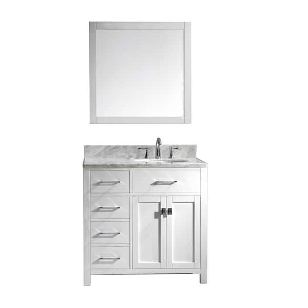 Virtu USA Caroline Parkway 36 in. W Bath Vanity in White with Marble Vanity Top in White with Round Basin and Mirror
