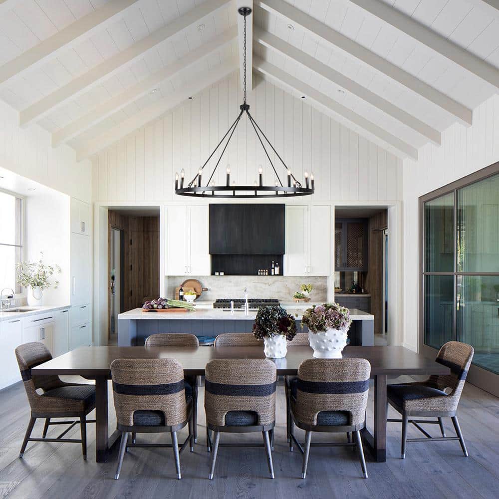 Matte Black 47-Inch Metal Candle Wagon Wheel Chandelier