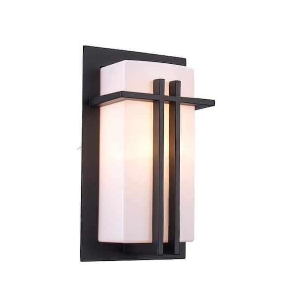 Bel Air Lighting Doheny 1-Light Black Modern Outdoor Wall Light Fixture with Opal Acrylic Shade