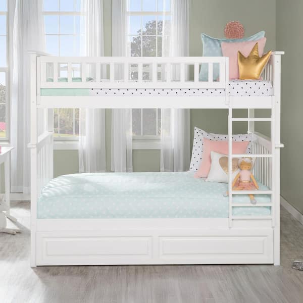 Columbia Bunk Bed Twin over Twin with Twin Sized Raised Panel Trundle Bed in White