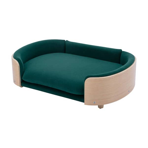 maocao hoom Large Size Green Solid Wood Dog Bed with Solid Wood Legs and Bent Wood Back, Velvet Cushion