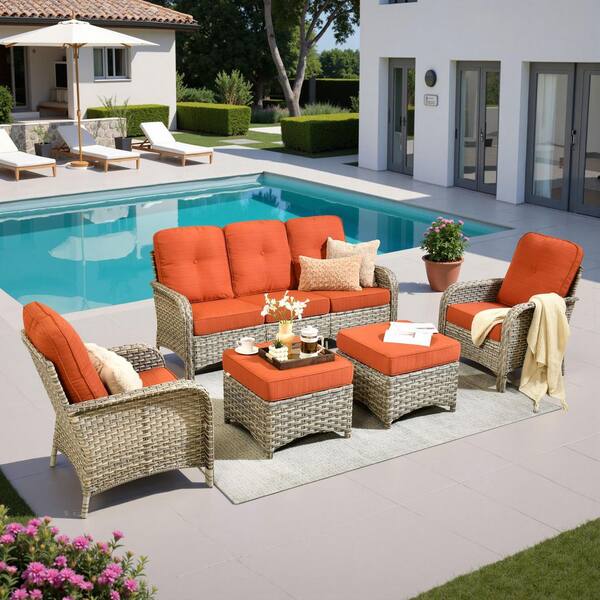 Eliza 5-Piece Outdoor Patio Wicker Conversation Sofa Seating Set with Ottoman and Orange Red Cushions