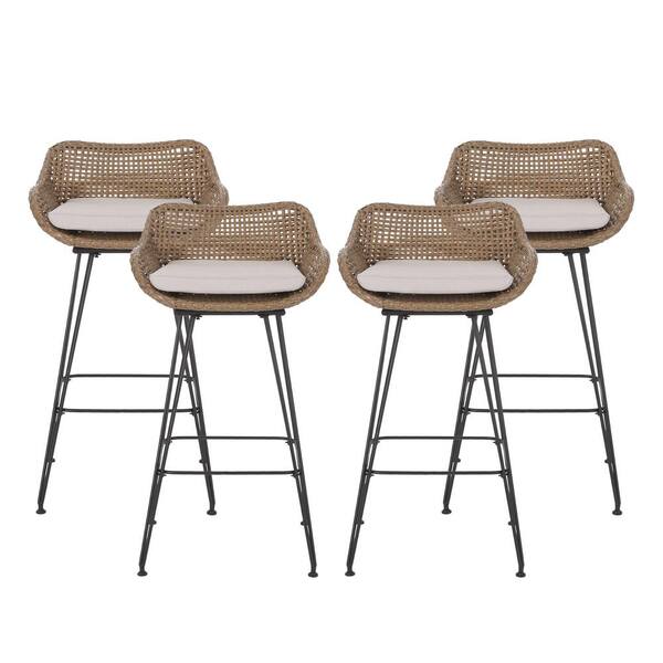 Noble House Verano Light Brown Wicker Outdoor Patio Bar Stool with Beige Cushion 4 Pack 107672 The Home Depot