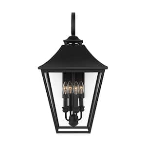 Galena Large 4-Light Textured Black Outdoor Hardwired Wall Lantern Sconce with Clear Glass