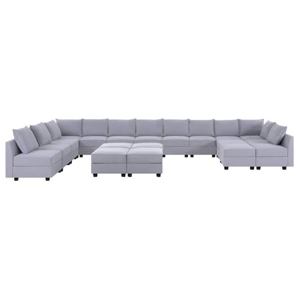 215.96 in. Armless 13-piece Linen U-Shaped Sectional Sofa in. Gray with 6 Ottomans for Living Room or Office