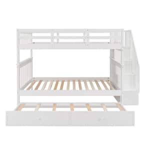 White Full Over Full Wood Bunk Bed with Twin Trundle and Bookshelves, Detachable Kids Bunk Bed with Staircases