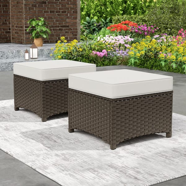 2-piece Wicker Outdoor Patio Ottoman with Beige Cushions