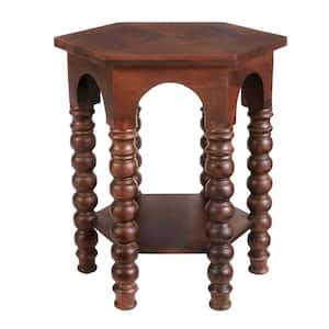 Castine Hexagonal Walnut Brown Wood End Table with Detailed Legs (22 in. W x 24 in. H)