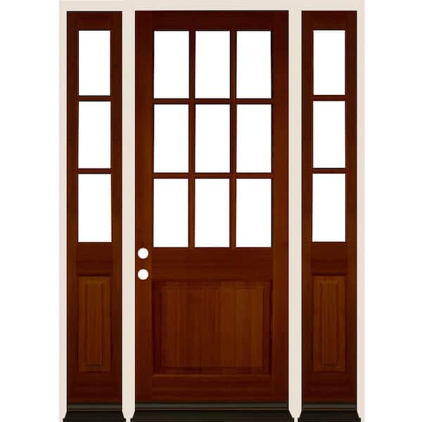 Krosswood Doors 64 in. x 96 in. Farmhouse 9-Lite Clear Glass Right Hand Red Chestnut Stain Hemlock Wood Prehung Front Door w/ DSL