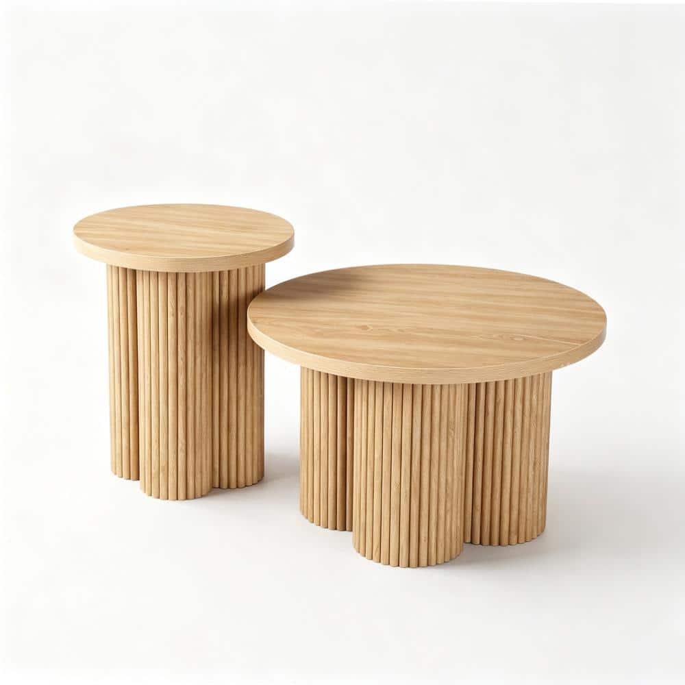 Set of 2 Fluted Round Side Tables, Modern Natural Ribbed Pedestal End Tables, 2 Separated Accent Tables for living room