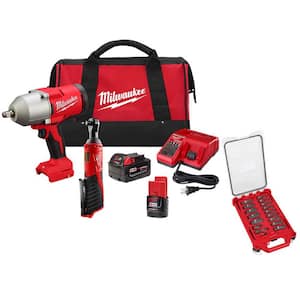 Milwaukee M12/M18 12/18V Lithium-Ion Cordless 3/8 in. Ratchet & 1/2 in. Impact Wrench Combo Kit w/Socket Set (17-Piece)