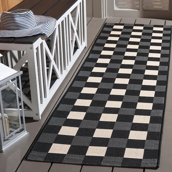 Courtyard Black/Beige 2 ft. x 8 ft. Plaid Grid Indoor/Outdoor Runner Rug