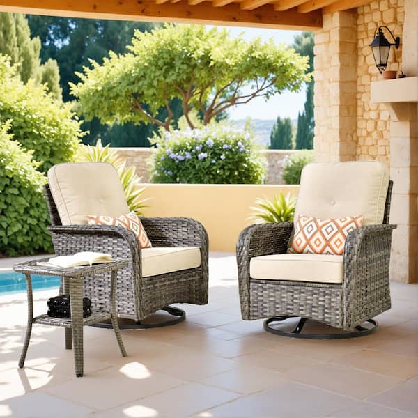 Galene Gray 3-Piece Wicker Outdoor Patio Conversation Swivel Rocking Chair Seating Set with Beige Cushions
