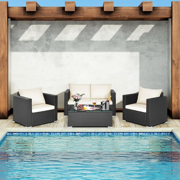 Liviza 4-Pieces Wicker Patio Rattan Conversation Set with White Cushions
