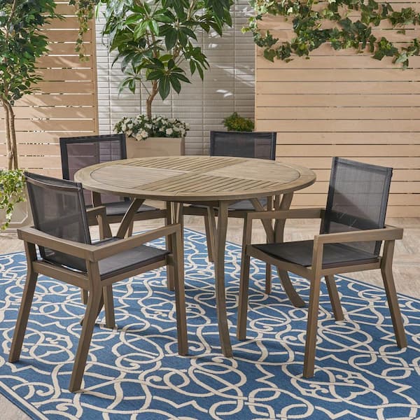 Noble House Lockett Grey 5 Piece Wood Round Outdoor Dining Set With Black Mesh Seats 54859 - Patio Dining Set Mesh Chairs