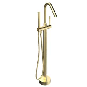 Single-Handle High Arch Floor Mount Freestanding Tub Faucet Bathtub Filler with Hand Shower in Brushed Brass