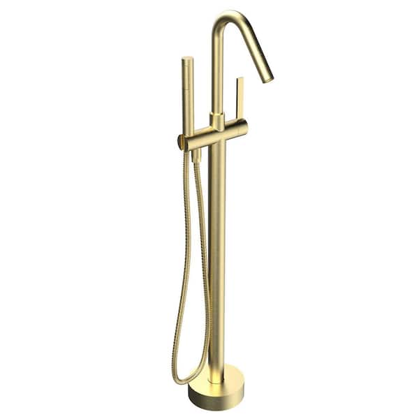 Maincraft Single-Handle High Arch Floor Mount Freestanding Tub Faucet Bathtub Filler with Hand Shower in Brushed Brass