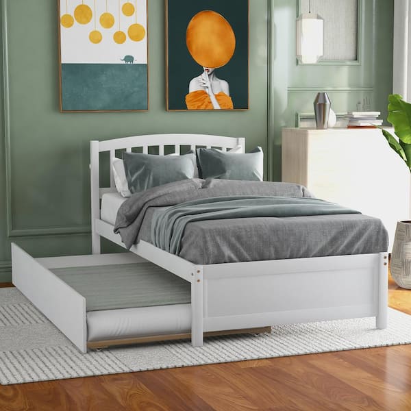 White Twin Size Wood Platform Bed Frame, Twin Bed Frame With Trundle And Storage Boxes